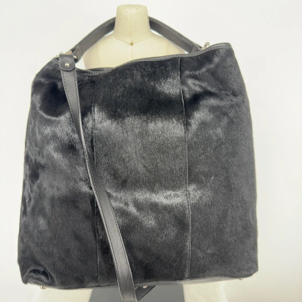 Gianni Chiarini Black Calf Hair Leather Hobo Bag Made in Italy Crossbody Large